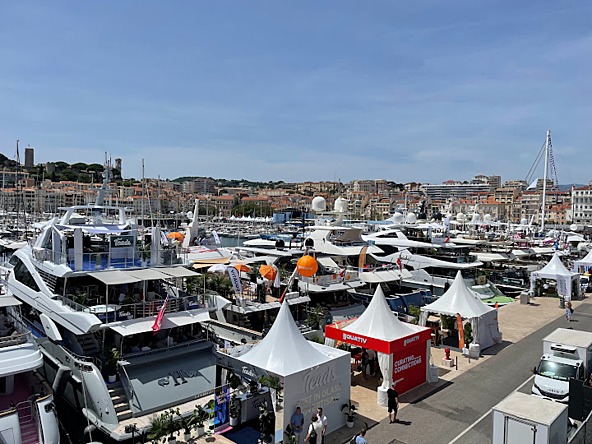 Yachts and tents at Cannes during Cannes Lions festival of creativity, June 2024